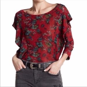 Free People Red Floral Tunic with Ruffled Detail
